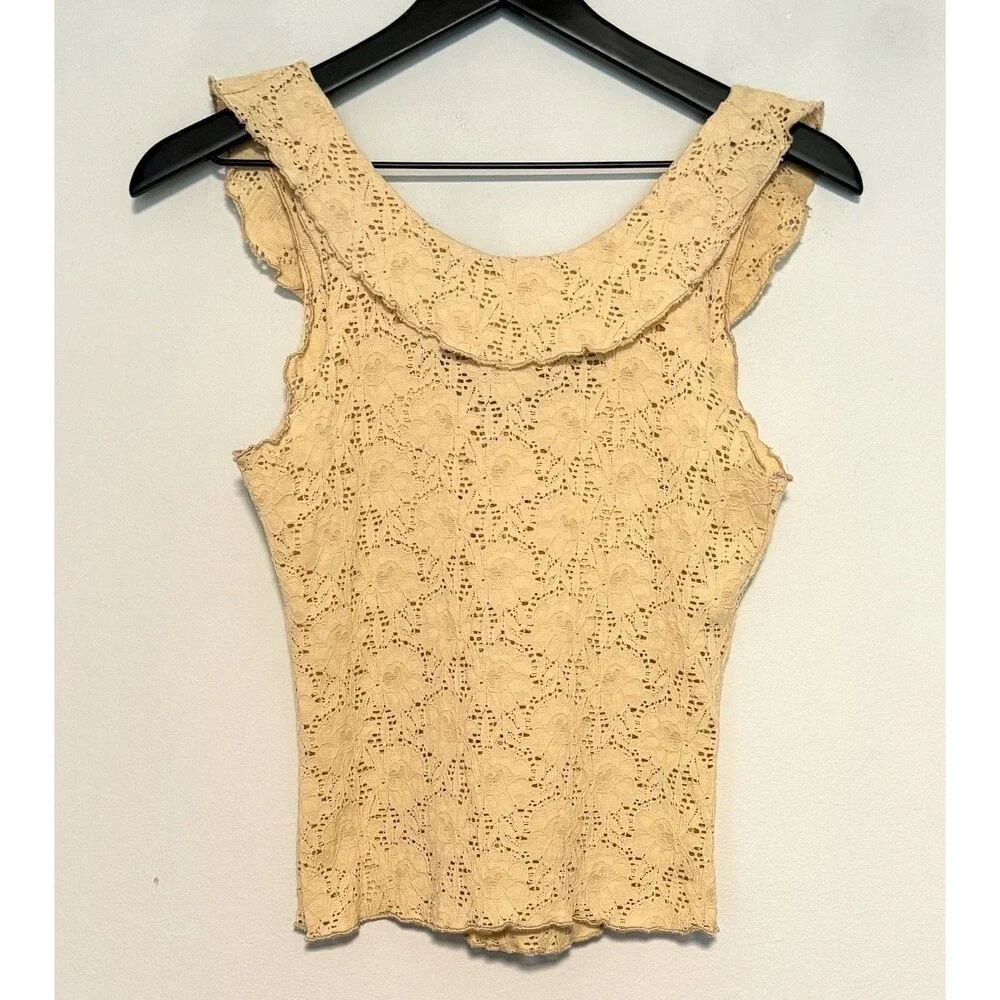 Vintage Y2K Identity Eyelet Lace Ruffle Front Tank Sz L Sleeveless Stretch 90s